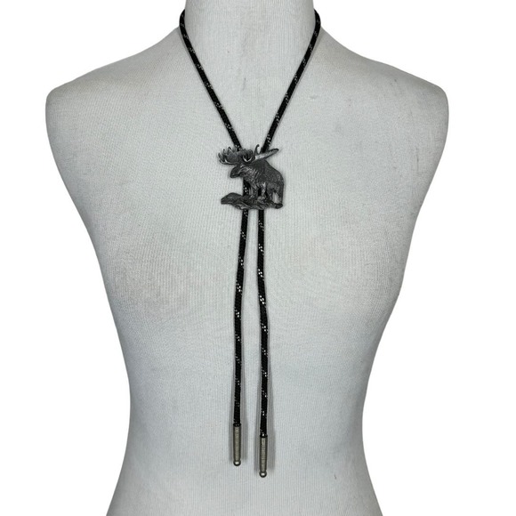 Boho Western Moose Bolo Tie Black Silver Necklace Accessory Cowboy Rodeo - Picture 6 of 7